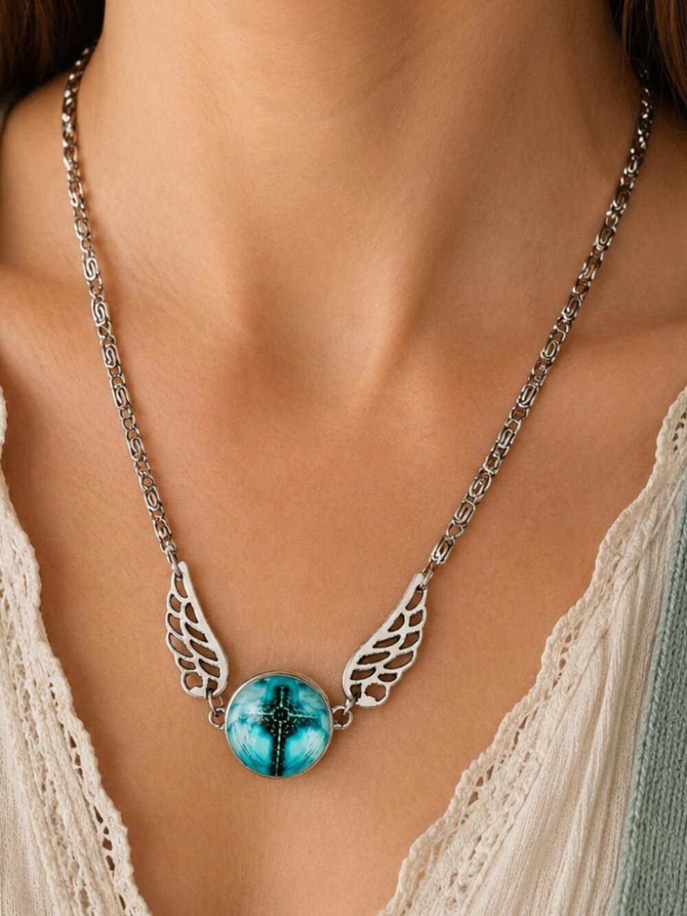 Silver Angel Wing Snap Necklace Turquoise Winged Cross Interchangeable Charm